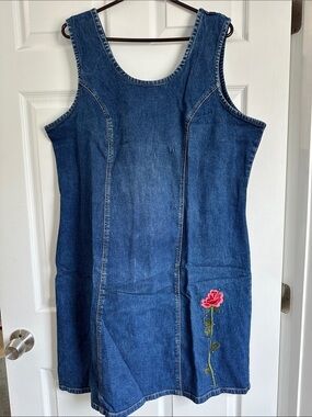 BONGO Blue Denim Midi Dress with Pink Rose Embroidery